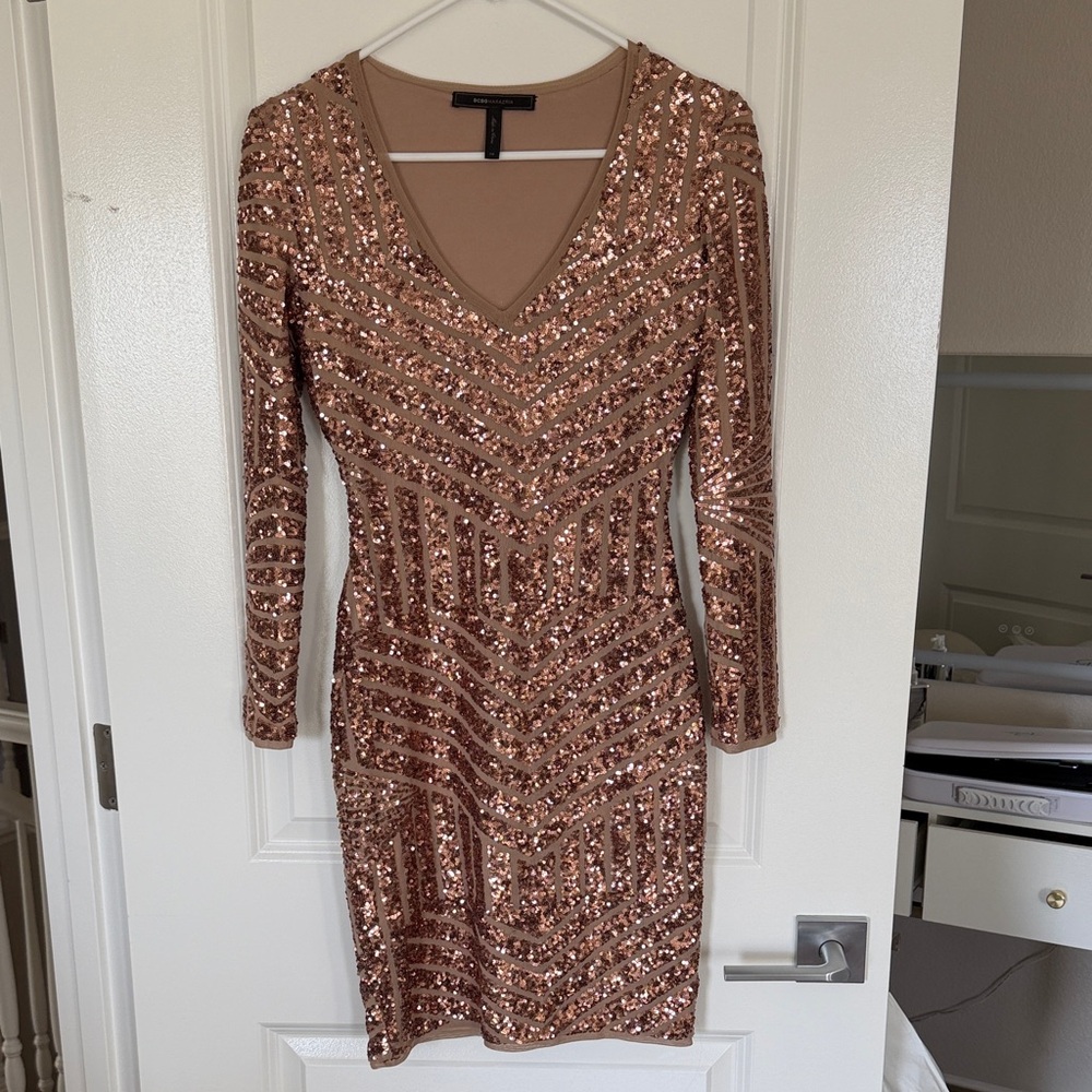 BCBGMaxAzria Rose Gold Sequin Long Sleeve Dress